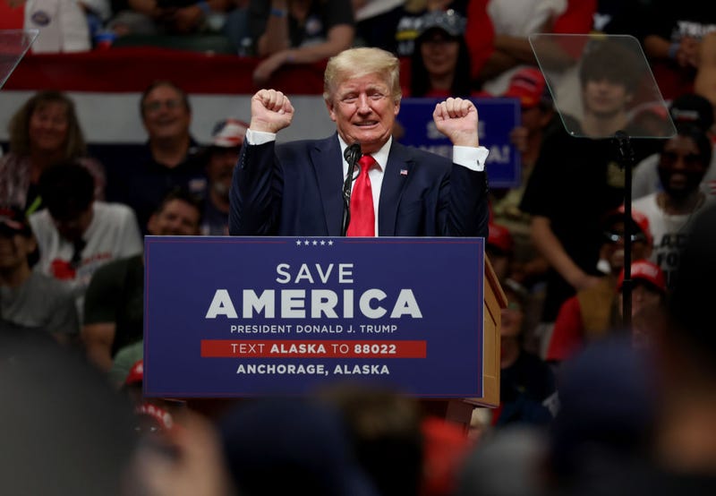 Former U.S. President Donald Trump speaks during a "Save America" rally at Alaska Airlines Center on July 09, 2022 in Anchorage, Alaska. Former President Donald Trump held a "Save America" rally in Anchorage where he campaigned with U.S. House candidate former Alaska Gov. Sarah Palin and U.S. Senate candidate Kelly Tshibaka. (Photo by Justin Sullivan/Getty Images)
