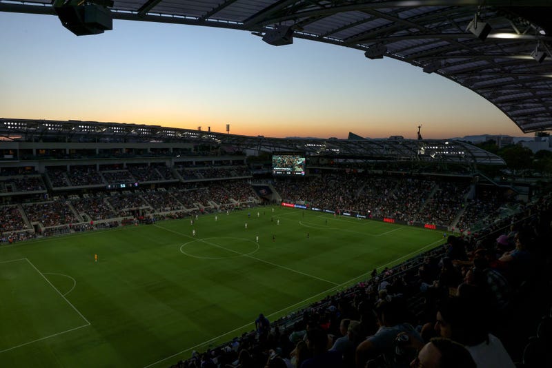 A general view of the stadium during the first half of the game between Angel City FC and San Diego Wave FC at Banc of California Stadium on July 09, 2022 in Los Angeles, California.