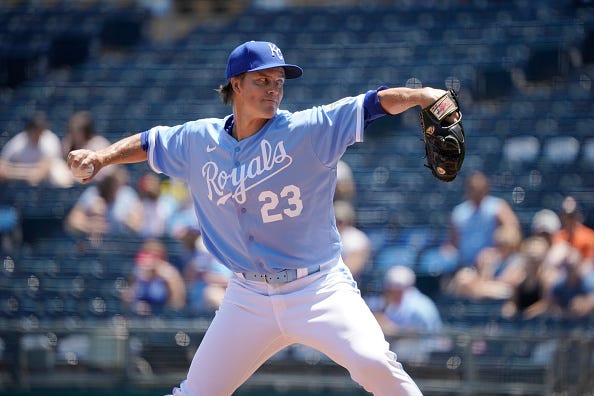 Zack Greinke models the Royals powder blue alternate tops.