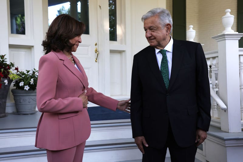 U.S. Vice President Kamala Harris greets President Andres Manuel Lopez Obrador of Mexico as he arrives for a bilateral meeting at the U.S. Naval Observatory on July 12, 2022 in Washington, DC. Today, President Lopez Obrador is scheduled to meet with President Joe Biden at the White House for the first time after he declined to attend the Biden Administration’s Summit of the Americas in Los Angeles in June because the summit didn’t include Cuba, Nicaragua and Venezuela. (Photo by Alex Wong/Getty Images)
