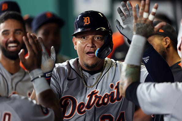 Miguel Cabrera models the Tigers road uniforms.