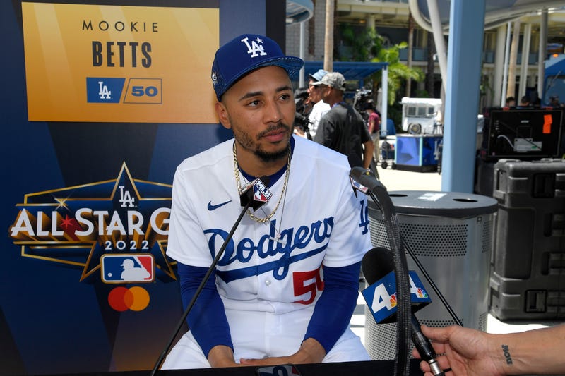 Mookie Betts #50 of the Los Angeles Dodgers speaks to the media during the 2022 Gatorade All-Star Workout Day at Dodger Stadium on July 18, 2022 in Los Angeles, California.