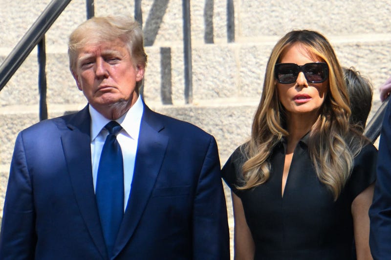Former President Donald J. Trump and Melania Trump exit the funeral of Ivana Trump at St. Vincent Ferrer Roman Catholic Church July 20, 2022 in New York City.