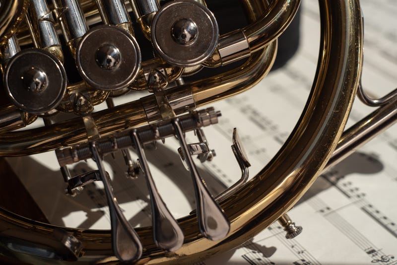 Close up of an instrument and music.