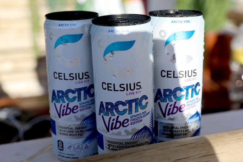 Cans of CELSIUS Arctic Vibe Sparkling Frozen Berry energy drink on display during CELSIUS Arctic Vibe Launch Party at Joia Beach Club on July 21, 2022 in Miami Beach, Florida.