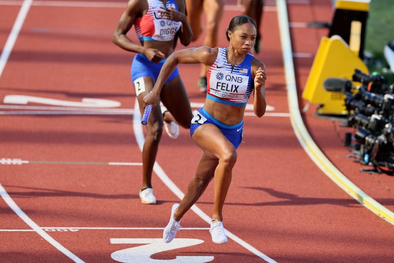 Allyson Felix of Team United States competes in the Women's 4x400m Relay heats on day nine of the World Athletics Championships Oregon22 at Hayward Field on July 23, 2022 in Eugene, Oregon.