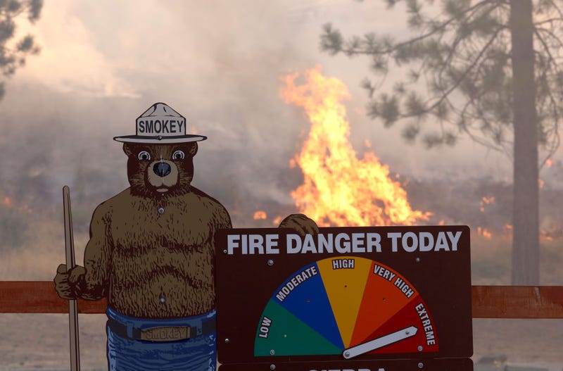 Fire burns near a Smokey the Bear fire warning sign as the Oak Fire burns through the area on July 24, 2022 near Jerseydale, California.