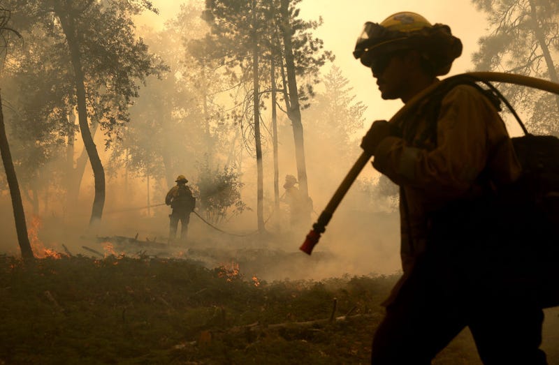 CALFIRE firefighters monitor a burn operation as they battle the Oak Fire on July 24, 2022 near Jerseydale, California.