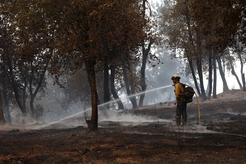 Cal Fire firefighter uses a hose to mop up hot spots after the Oak Fire moved through the area on July 25, 2022 near Jerseydale, California. 