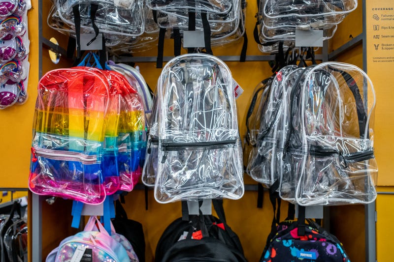 Clear backpacks are displayed in a Staples office equipment store on July 25, 2022 in Houston, Texas. School districts around Texas have begun requiring students to use clear backpacks following the school shooting at Robb Elementary School in Uvalde, Texas.