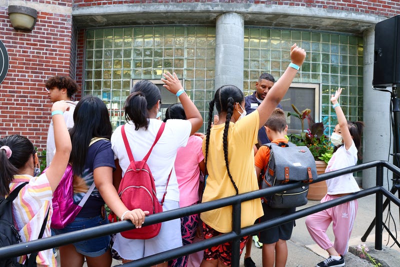 Children take part in a back-to-school event in New York City in July