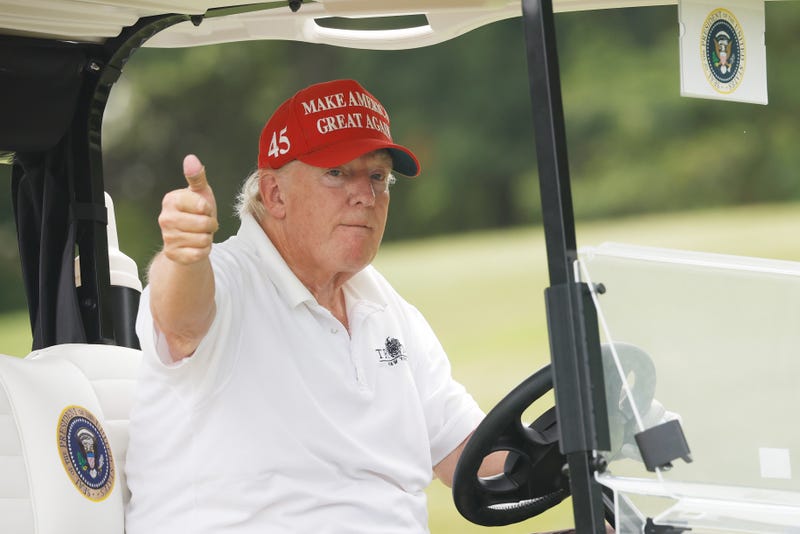 BEDMINSTER, NEW JERSEY - JULY 28: Former U.S. President Donald Trump gives a thumbs up during the pro-am prior to the LIV Golf Invitational - Bedminster at Trump National Golf Club Bedminster on July 28, 2022 in Bedminster, New Jersey.