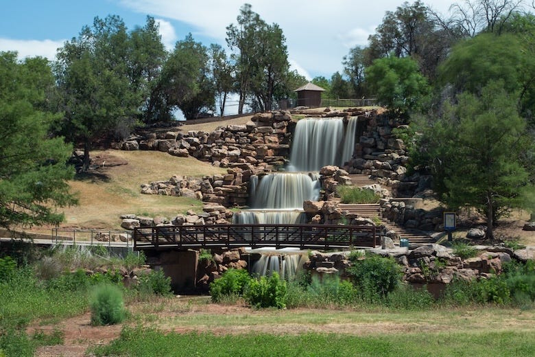 Famous multi-level cascade man-made waterfall, Wichita Falls, Texas