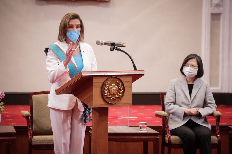 Speaker of the U.S. House Of Representatives Nancy Pelosi (D-CA), left, speaks after receiving the Order of Propitious Clouds with Special Grand Cordon, Taiwan’s highest civilian honour, from Taiwan's President Tsai Ing-wen, right, at the president's office on August 03, 2022 in Taipei, Taiwan.