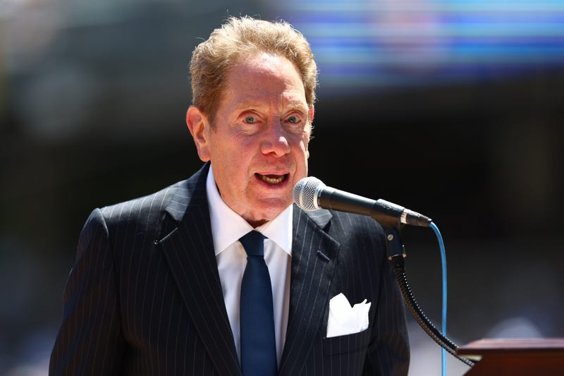 NEW YORK, NY - JULY 30: New York Yankees radio broadcaster John Sterling emcees the Old Timers Day Ceremony before a game between the Kansas City Royals and New York Yankees at Yankee Stadium on July 30, 2022 in New York City. 