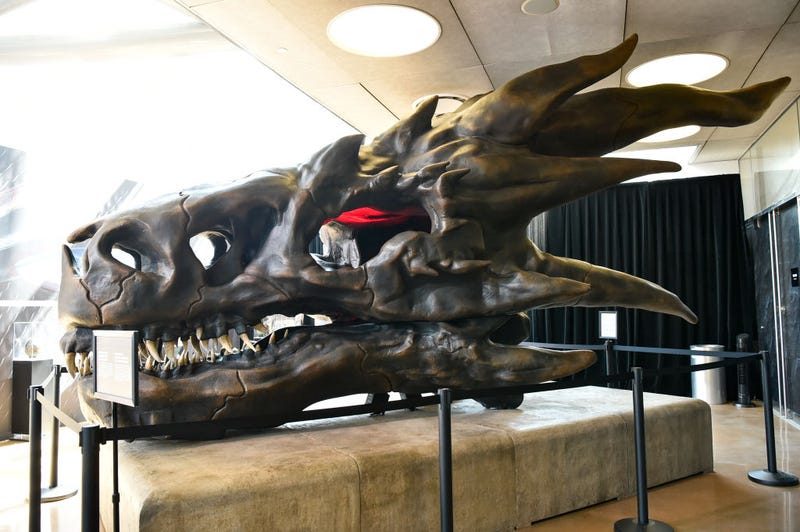 The dragon skull of "Balerion The Black Dread" is seen on display at the National History Museum and HBO Max's "House of the Dragon: The Targaryen Dynasty" experience opening at Natural History Museum of Los Angeles County on August 04, 2022 in Los Angeles, California. 