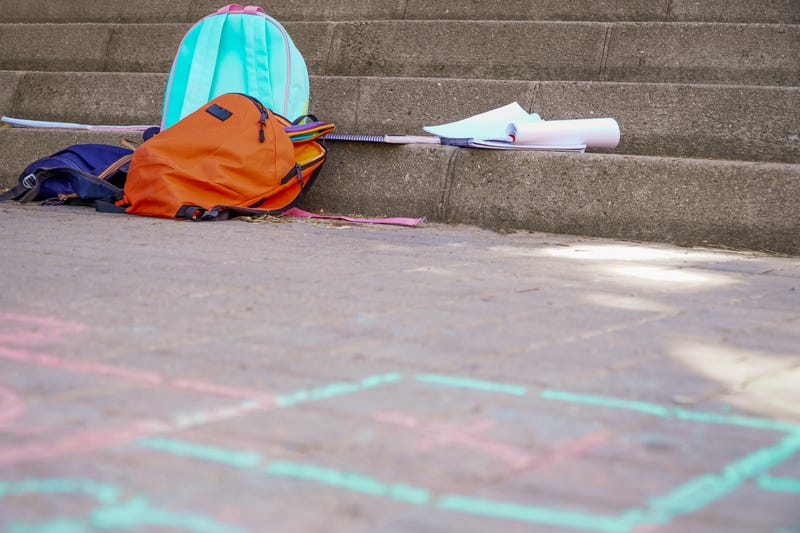 school playground with backpacks and chalk game on the floor. back to school concept. no people