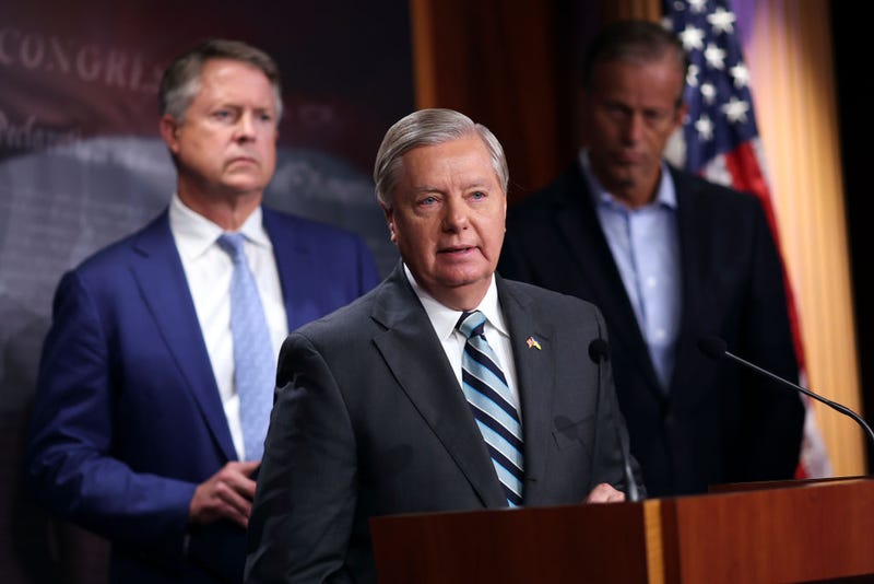 U.S. Sen. Lindsey Graham (R-SC), joined Sen. Roger Marshall (R-KS) (L) and Sen. John Thune (R-SD), speaks a press conference at the U.S. Capitol on August 05, 2022 in Washington, DC.