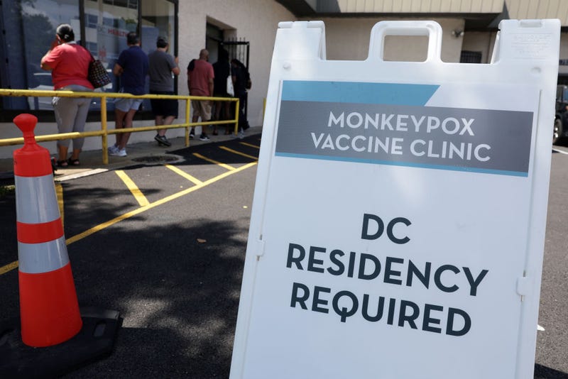 Residents wait in line at a DC Health location administering the monkeypox vaccine on August 5, 2022 in Washington, DC.