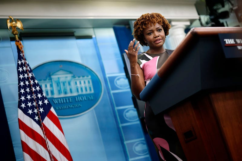 WASHINGTON, DC - AUGUST 09: White House Press Secretary Karine Jean-Pierre speaks to reporters during the daily news conference in the Brady Press Briefing Room at the White House on August 09, 2022 in Washington, DC. Jean-Pierre avoided answering a number of questions about the Federal Bureau of Investigation's Monday raid of former President Donald Trump's home in Mar-A-Lago, Florida.