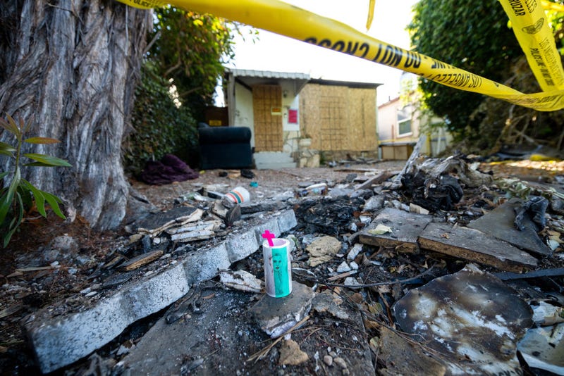 The scene where actress Anne Heche crashed a car into a house on August 5 as seen one week later on August 14, 2022, in Los Angeles.