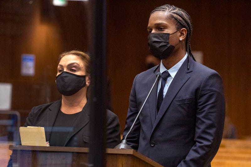Rapper A$AP Rocky (R) pleads not guilty to assault charges during his arraignment hearing at Clara Shortridge Foltz Criminal Justice Center on August 17, 2022 in Los Angeles, California.