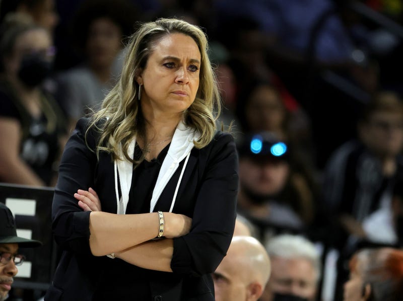 Head coach Becky Hammon of the Las Vegas Aces looks on in the third quarter of Game One of the 2022 WNBA Playoffs first round against the Phoenix Mercury at Michelob ULTRA Arena on August 17, 2022