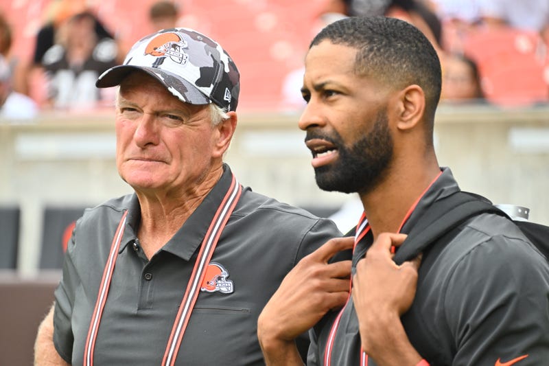 CLEVELAND, OHIO - AUGUST 21: Cleveland Browns co-owner Jimmy Haslam talks with General Manager Andrew Berry during the fourth quarter of a preseason game against the Philadelphia Eagles at FirstEnergy Stadium on August 21, 2022 in Cleveland, Ohio. The Eagles defeated the Browns 21-20. (Photo by Jason Miller/Getty Images)
