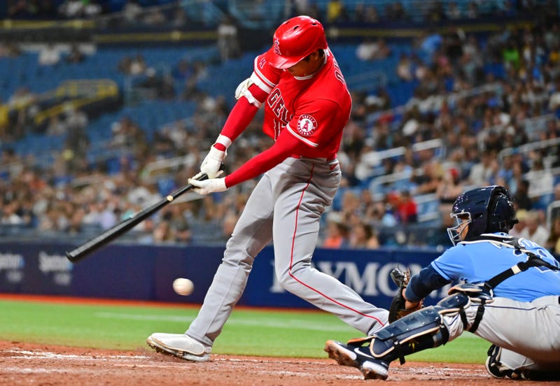 Shohei Ohtani #17 of the Los Angeles Angels strikes out in the sixth inning against the Tampa Bay Rays at Tropicana Field on August 22, 2022 in St Petersburg, Florida.