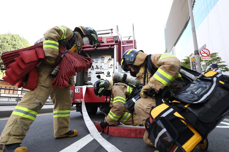 SEOUL, SOUTH KOREA - AUGUST 23: South Korean firefighters participate in an anti-terror and anti-chemical terror exercise as part of the 2022 Ulchi Freedom Shield (UFS) at Lotte shopping mall on August 23, 2022 in Seoul, South Korea.The 11 days exercise, which features drills including the handling of chemical and biological attacks, is a regular joint exercise between U.S. and South Korean troops to prepare for potential emergencies on the Korean Peninsula. The Ulchi Freedom Shield (UFS) exercise is set to run through Sept. 1, involving an array of contingency drills, like concurrent field maneuvers that were not held over the past years under the preceding Moon Jae-in administration's drive for peace with Pyongyang.