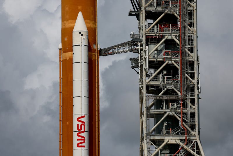 NASA’s Artemis I rocket sits on launch pad 39-B at Kennedy Space Center as it is prepared for an unmanned flight around the moon on August 25, 2022 in Cape Canaveral, Florida.