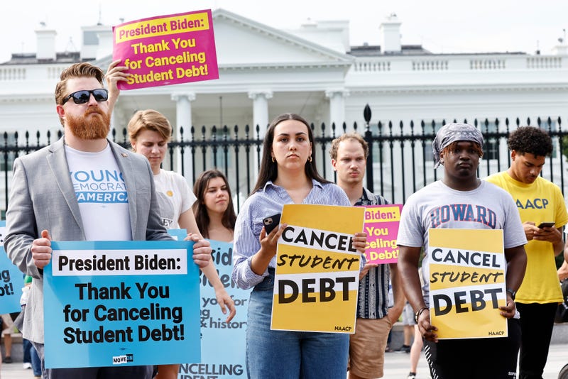 Student loan borrowers stage a rally in front of The White House to celebrate President Biden canceling student debt and to begin the fight to cancel any remaining debt on Aug. 25, 2022 in Washington, D.C.