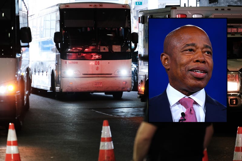 A bus carrying migrants who crossed the border from Mexico into Texas arrives into the Port Authority Bus Terminal in Manhattan. Mayor Eric Adams said the El Paso mayor told his office that the city will stop sending migrants to New York