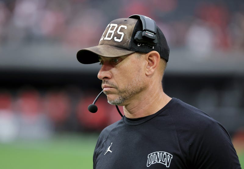  Head coach Marcus Arroyo of the UNLV Rebels looks on during a game against the Idaho State Bengals at Allegiant Stadium on August 27, 2022 in Las Vegas, Nevada.