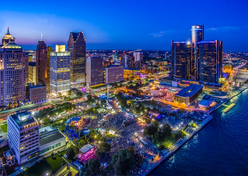Detroit skyline, riverfront at night