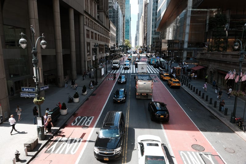 Traffic moves through midtown Manhattan on August 31, 2022 in New York City. A proposed congestion pricing plan in New York City to reduce traffic has attracted hundreds of New Yorkers to a series of public hearings on the matter. The plan, which would toll drivers in Manhattan south of 60th Street as much as $23 during rush hour, was designed to lessen traffic congestion by as much as 20%, according to an MTA analysis. If approved, the plan could go into effect by late 2023.