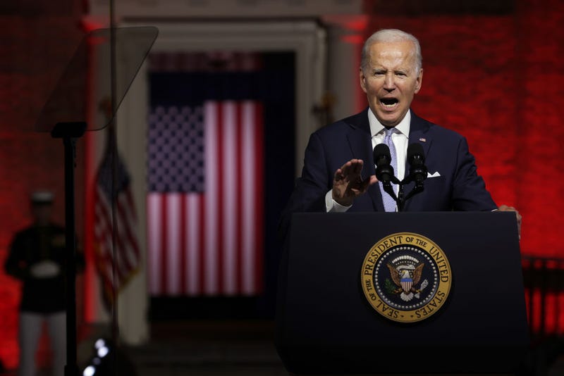  U.S. President Joe Biden delivers a primetime speech at Independence National Historical Park September 1, 2022 in Philadelphia, Pennsylvania. President Biden spoke on “the continued battle for the Soul of the Nation.” (Photo by Alex Wong/Getty Images)