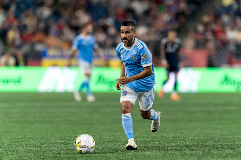 Maxi Moralez #10 of New York City FC brings the ball forward during a game between New York City FC and New England Revolution at Gillette Stadium on September 4, 2022 in Foxborough, Massachusetts. 