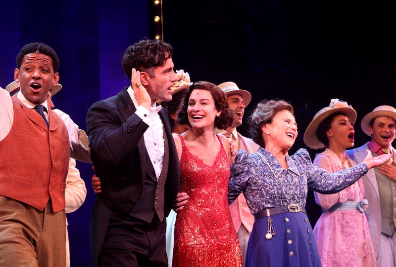 (L-R) Jared Grimes, Ramin Karimloo, Lea Michele, Tovah Feldshuh and cast as Michele takes her first curtain call as "Fanny Brice" in "Funny Girl" on Broadway at The August Wilson Theatre on September 6, 2022 in New York City.