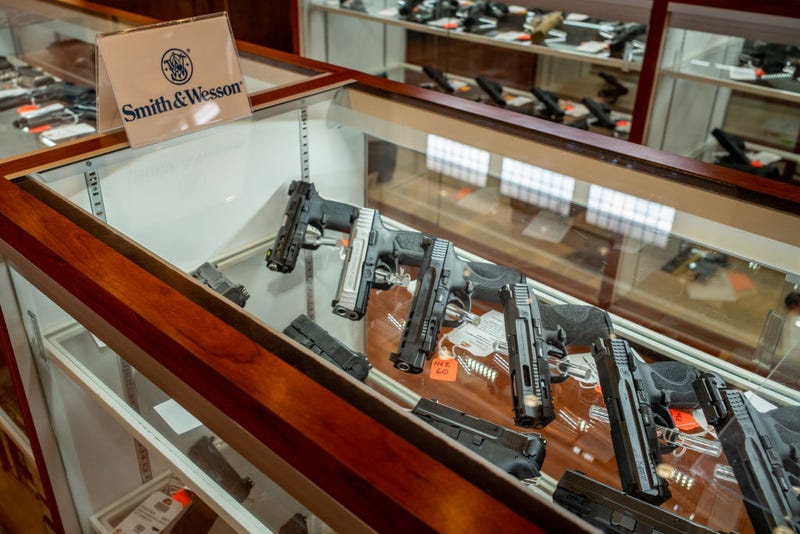 Smith & Wesson handguns are seen for sale in a gun store on September 09, 2022 in Houston, Texas. Smith & Wesson Brands Inc. reported its lowest quarterly sales since January 2009, according to FactSet records. (Photo by Brandon Bell/Getty Images)