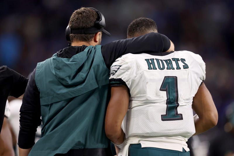Head coach Nick Sirianni and Jalen Hurts of the Philadelphia Eagles on the sidelines during the second quarter of a game against the Detroit Lions at Ford Field on Sept. 11, 2022.