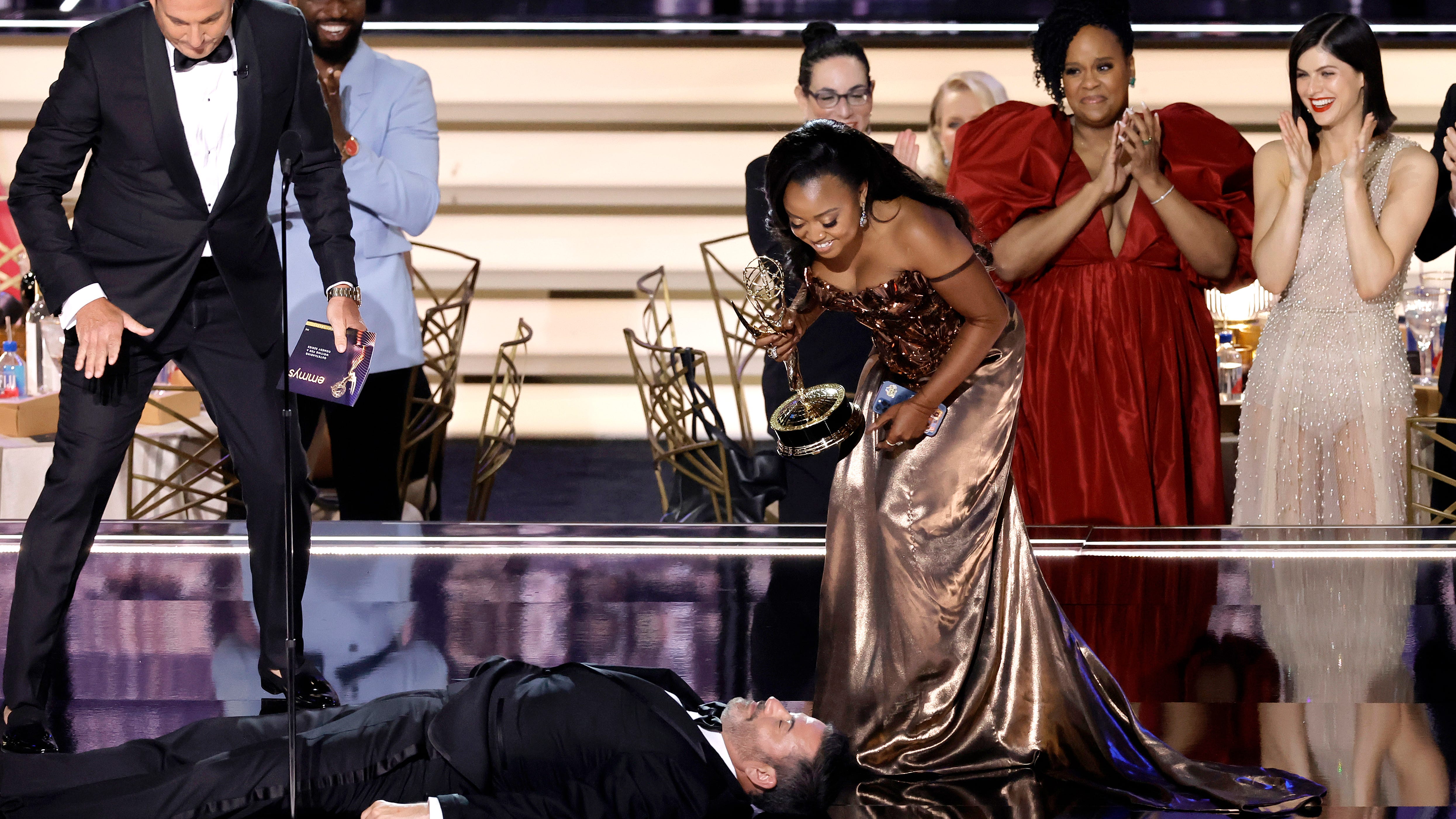 Jimmy Kimmel criticized for lying on stage during Quinta Brunson's Emmy's speech