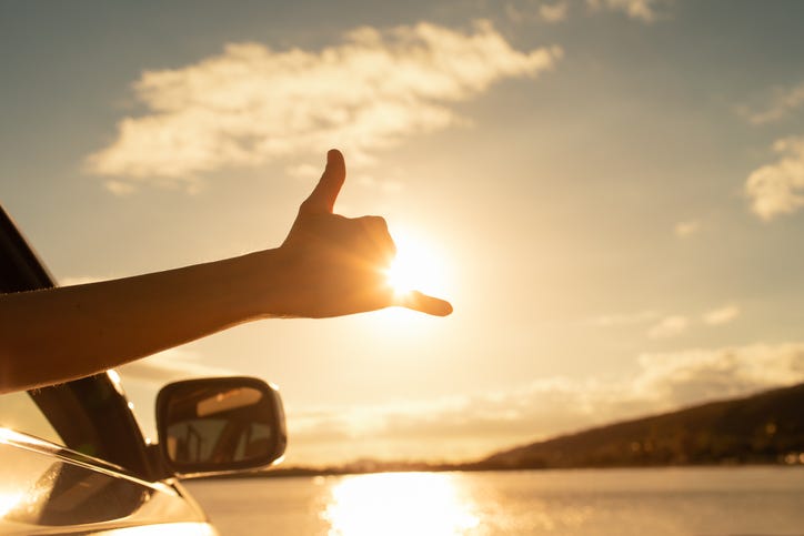 Shaka hand sign at sunset
