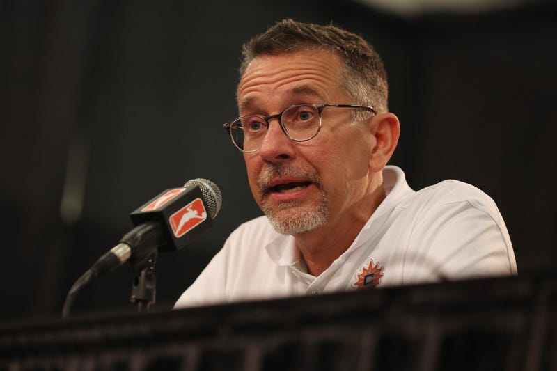 Head coach Curt Miller of the Connecticut Sun speaks to the media following his team's 105-76 victory against the Las Vegas Aces in Game Three of the 2022 WNBA Finals at Mohegan Sun Arena on September 15, 2022 in Uncasville, Connecticut.