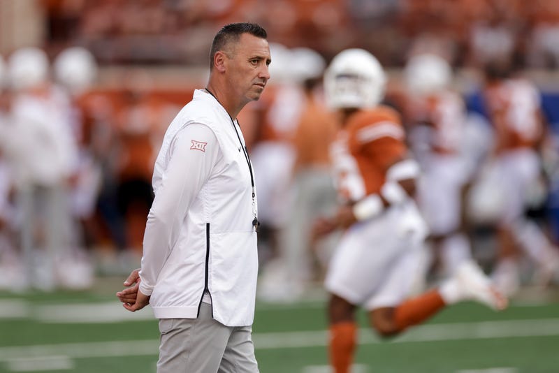 Head coach Steve Sarkisian of the Texas Longhorns watches players warm up before the game against the UTSA Roadrunners at Darrell K Royal-Texas Memorial Stadium on Sept. 17, 2022, in Austin, Texas.