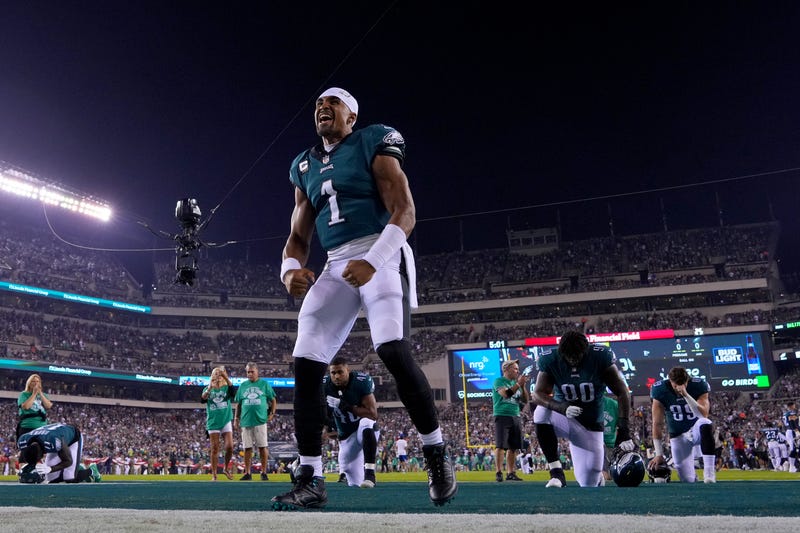Jalen Hurts, #1 of the Philadelphia Eagles, reacts before the game against the Minnesota Vikings at Lincoln Financial Field on Sept. 19, 2022, in Philadelphia, Pennsylvania. 