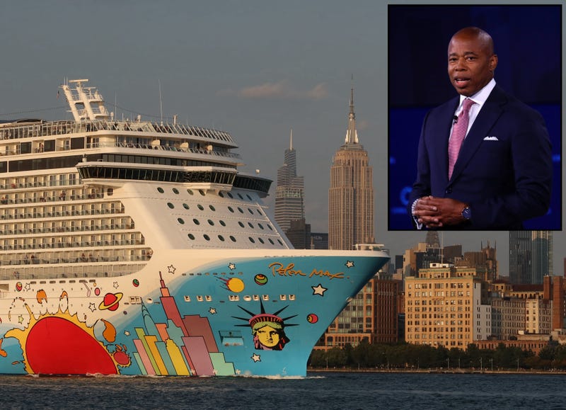 The sun sets on the Norwegian Breakaway cruise ship as it sails in the Hudson River.