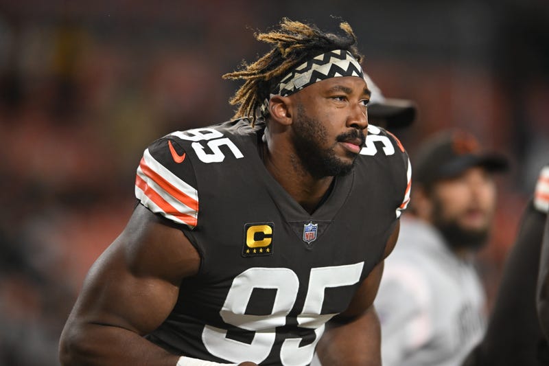 Myles Garrett #95 of the Cleveland Browns warms up prior to facing the Cleveland Browns at FirstEnergy Stadium on Sept. 22, 2022, in Cleveland, Ohio.