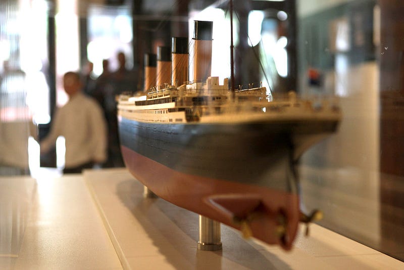 A scale model of the RMS Titanic sits on display at the opening of the "Titanic at 100: Myth and Memory" exhibition on April 10, 2012 in New York City. 