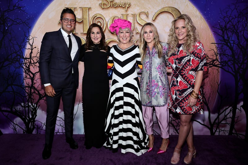 (L-R) The Walt Disney Studios President of Marketing Asad Ayaz, Kathy Najimy, Bette Midler, Sarah Jessica Parker, and Anne Fletcher attend the Hocus Pocus 2 World Premiere at AMC Lincoln Square on September 27, 2022 in New York City.